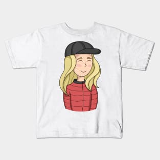 girl traveler in a cap and a red jacket Kids T-Shirt